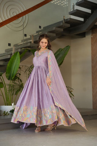 Pure Chinnon Silk With Rich Sequins & Multi Thread Embroidered Work Gown