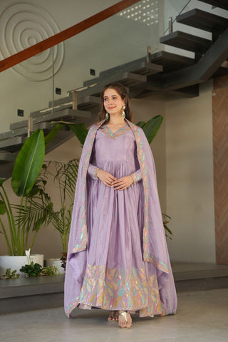 Pure Chinnon Silk With Rich Sequins & Multi Thread Embroidered Work Gown