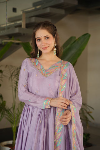 Pure Chinnon Silk With Rich Sequins & Multi Thread Embroidered Work Gown