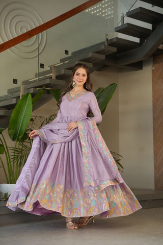 Pure Chinnon Silk With Rich Sequins & Multi Thread Embroidered Work Gown