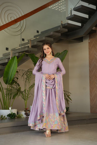 Pure Chinnon Silk With Rich Sequins & Multi Thread Embroidered Work Gown