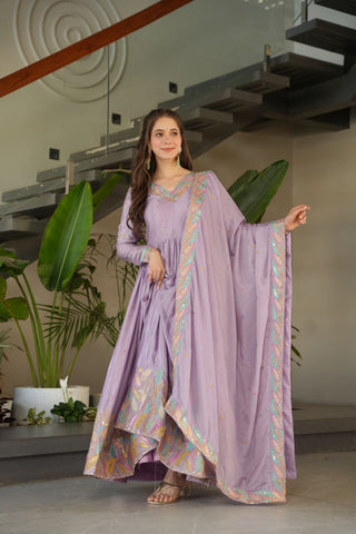 Pure Chinnon Silk With Rich Sequins & Multi Thread Embroidered Work Gown