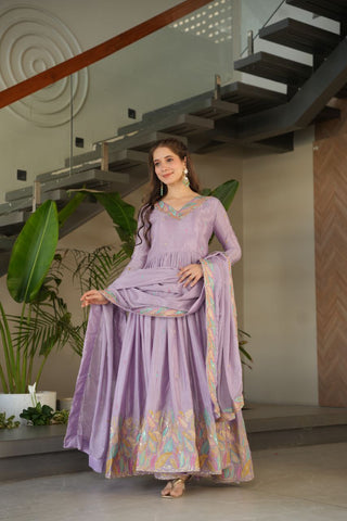 Pure Chinnon Silk With Rich Sequins & Multi Thread Embroidered Work Gown