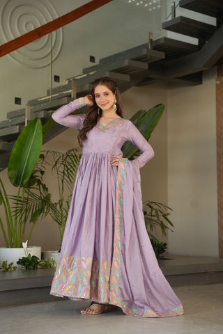 Pure Chinnon Silk With Rich Sequins & Multi Thread Embroidered Work Gown