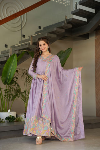 Pure Chinnon Silk With Rich Sequins & Multi Thread Embroidered Work Gown