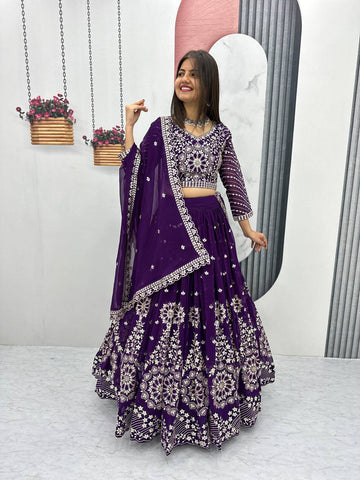 Heavy Sequence & Thread Work Rani Pink Georgette Ready to Wear Lehenga Choli Set