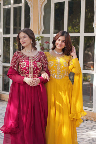 Fancy Faux Blooming Georgette with Attractive Embroidery Zari Sequins work Gown Set
