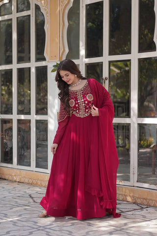 Fancy Faux Blooming Georgette with Attractive Embroidery Zari Sequins work Gown Set