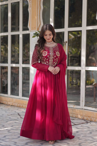 Fancy Faux Blooming Georgette with Attractive Embroidery Zari Sequins work Gown Set