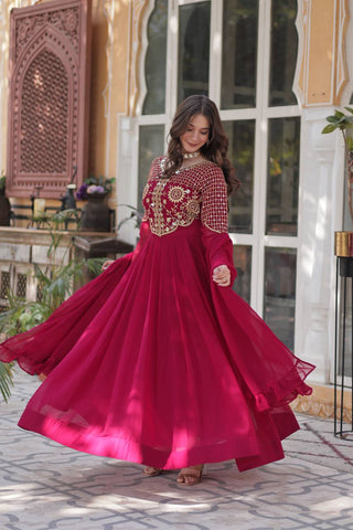 Fancy Faux Blooming Georgette with Attractive Embroidery Zari Sequins work Gown Set