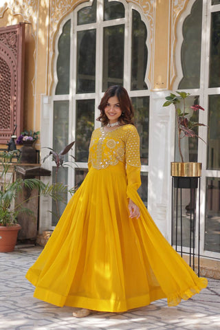 Fancy Faux Blooming Georgette with Attractive Embroidery Zari Sequins work Gown Set