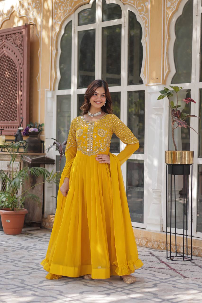 Fancy Faux Blooming Georgette with Attractive Embroidery Zari Sequins work Gown Set