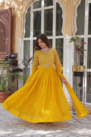 Fancy Faux Blooming Georgette with Attractive Embroidery Zari Sequins work Gown Set