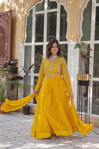 Fancy Faux Blooming Georgette with Attractive Embroidery Zari Sequins work Gown Set