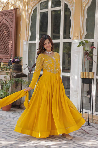 Fancy Faux Blooming Georgette with Attractive Embroidery Zari Sequins work Gown Set