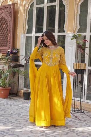 Fancy Faux Blooming Georgette with Attractive Embroidery Zari Sequins work Gown Set