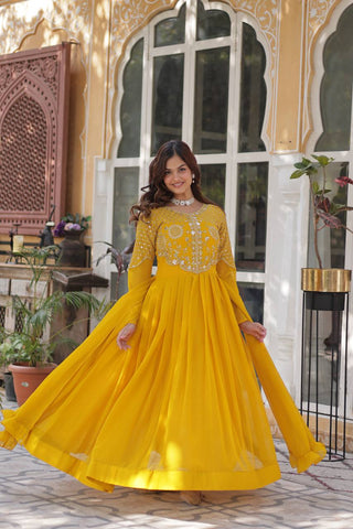 Fancy Faux Blooming Georgette with Attractive Embroidery Zari Sequins work Gown Set
