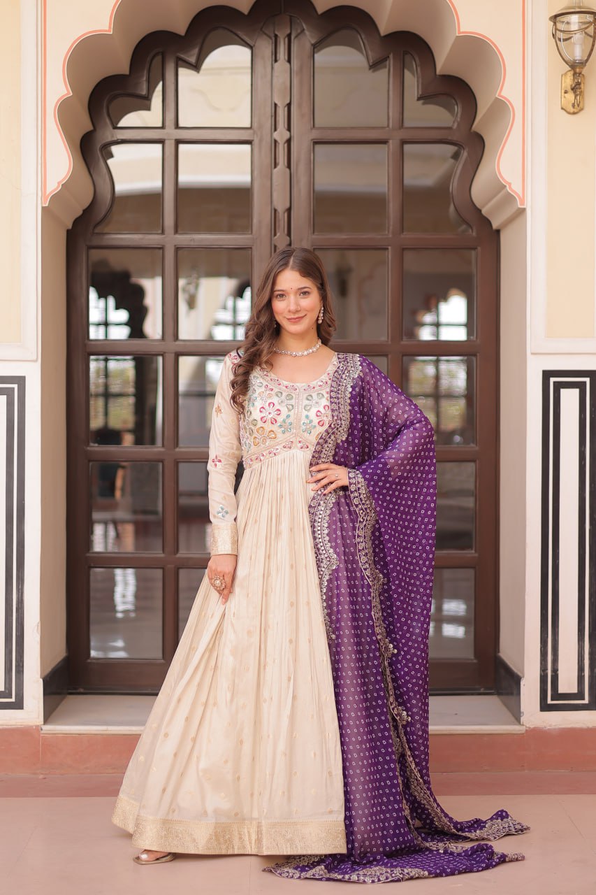 Cosmos weaving Jacquard with Pearl Beads Embroidered work Gown