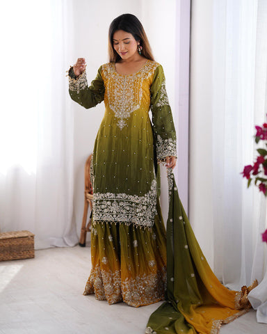 Premium Chinnon Silk with Coding Dori with Sequence with Rivet Moti Work Fancy Suit Set