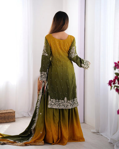 Premium Chinnon Silk with Coding Dori with Sequence with Rivet Moti Work Fancy Suit Set