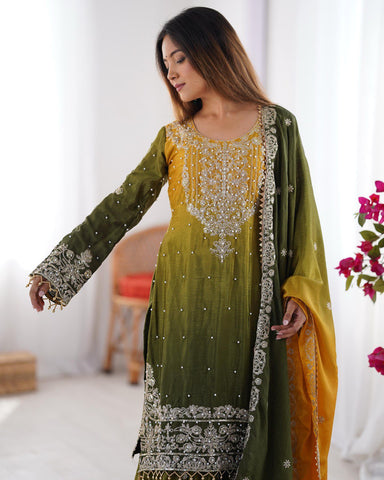 Premium Chinnon Silk with Coding Dori with Sequence with Rivet Moti Work Fancy Suit Set