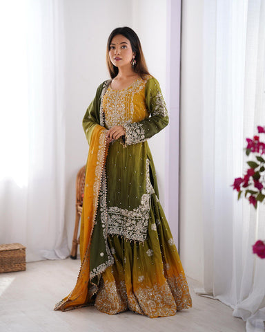 Premium Chinnon Silk with Coding Dori with Sequence with Rivet Moti Work Fancy Suit Set