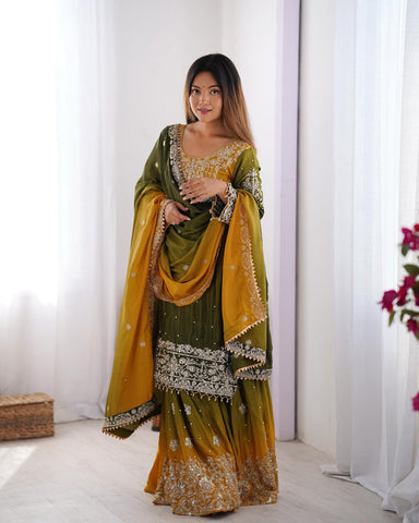 Premium Chinnon Silk with Coding Dori with Sequence with Rivet Moti Work Fancy Suit Set