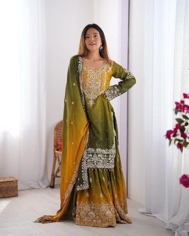 Premium Chinnon Silk with Coding Dori with Sequence with Rivet Moti Work Fancy Suit Set