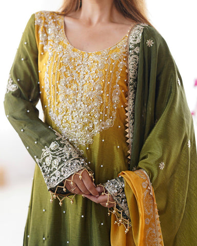 Premium Chinnon Silk with Coding Dori with Sequence with Rivet Moti Work Fancy Suit Set