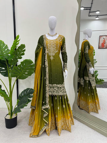 Premium Chinnon Silk with Coding Dori with Sequence with Rivet Moti Work Fancy Suit Set