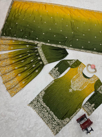 Premium Chinnon Silk with Coding Dori with Sequence with Rivet Moti Work Fancy Suit Set
