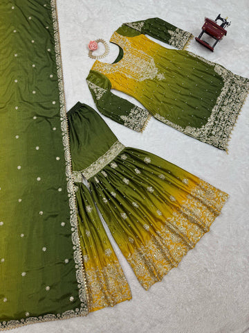 Premium Chinnon Silk with Coding Dori with Sequence with Rivet Moti Work Fancy Suit Set