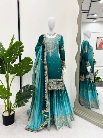 Premium Chinnon Silk with Coding Dori with Sequence with Rivet Moti Work Fancy Suit Set