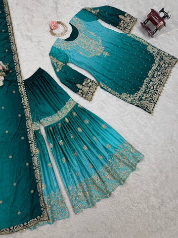 Premium Chinnon Silk with Coding Dori with Sequence with Rivet Moti Work Fancy Suit Set