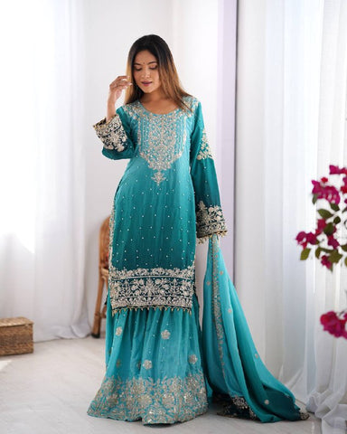 Premium Chinnon Silk with Coding Dori with Sequence with Rivet Moti Work Fancy Suit Set