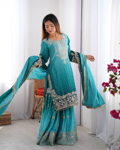 Premium Chinnon Silk with Coding Dori with Sequence with Rivet Moti Work Fancy Suit Set