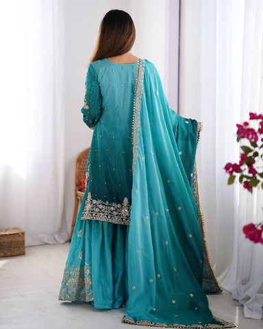 Premium Chinnon Silk with Coding Dori with Sequence with Rivet Moti Work Fancy Suit Set
