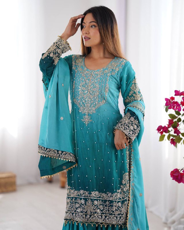 Premium Chinnon Silk with Coding Dori with Sequence with Rivet Moti Work Fancy Suit Set