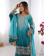 Premium Chinnon Silk with Coding Dori with Sequence with Rivet Moti Work Fancy Suit Set