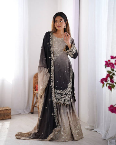 Premium Chinnon Silk with Coding Dori with Sequence with Rivet Moti Work Fancy Suit Set