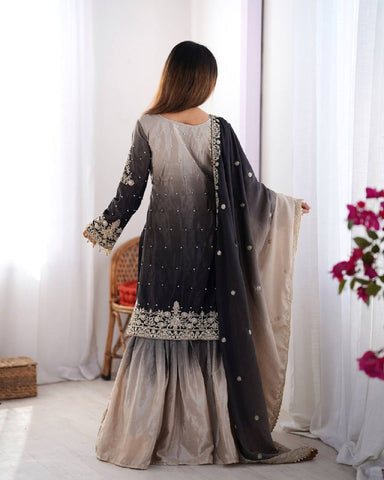 Premium Chinnon Silk with Coding Dori with Sequence with Rivet Moti Work Fancy Suit Set
