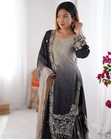Premium Chinnon Silk with Coding Dori with Sequence with Rivet Moti Work Fancy Suit Set