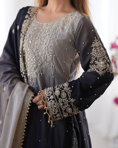 Premium Chinnon Silk with Coding Dori with Sequence with Rivet Moti Work Fancy Suit Set