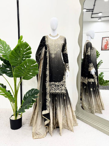 Premium Chinnon Silk with Coding Dori with Sequence with Rivet Moti Work Fancy Suit Set