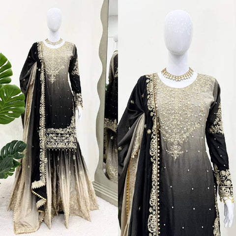 Premium Chinnon Silk with Coding Dori with Sequence with Rivet Moti Work Fancy Suit Set