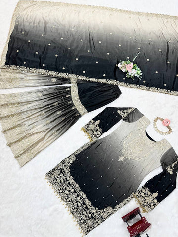 Premium Chinnon Silk with Coding Dori with Sequence with Rivet Moti Work Fancy Suit Set