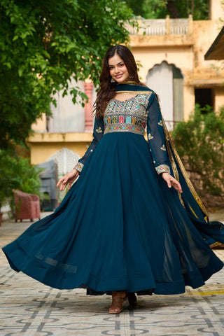 Faux Blooming with Sequins & Multi Thread Embroidered work Gown with Dupatta Set