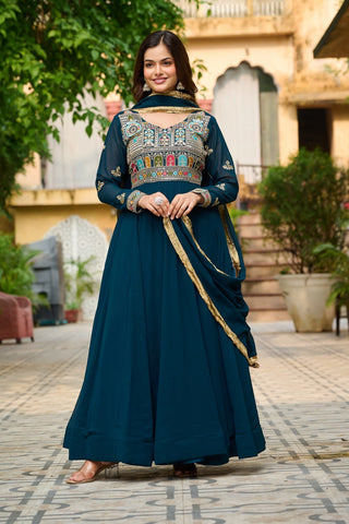 Faux Blooming with Sequins & Multi Thread Embroidered work Gown with Dupatta Set
