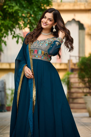 Faux Blooming with Sequins & Multi Thread Embroidered work Gown with Dupatta Set