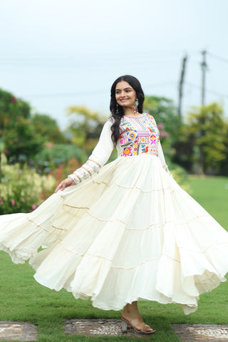 Kora Cotton with Multi Thread Embroidered & Gota patti Work  with 12 Meter Huge Flair Gown